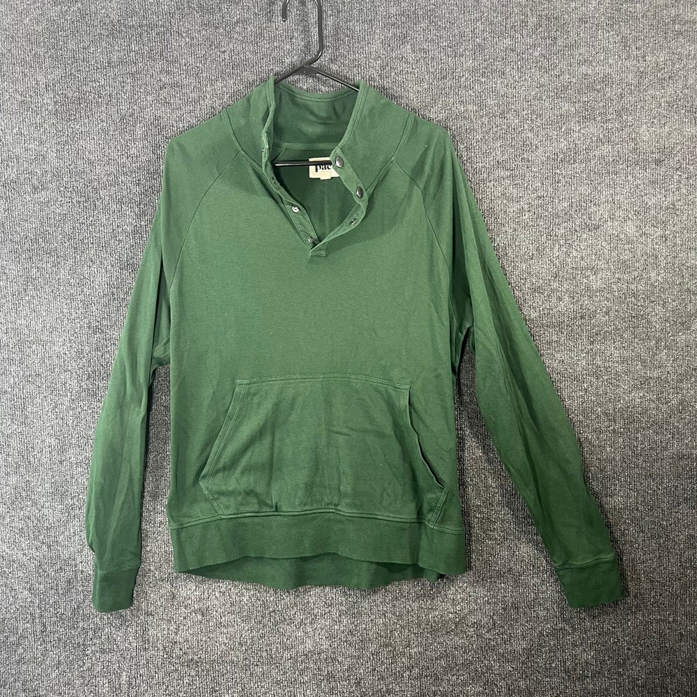 Pact Men's M Organic Cotton Snap Neck Pullover Sweatshirt Green Kangaroo Pocket